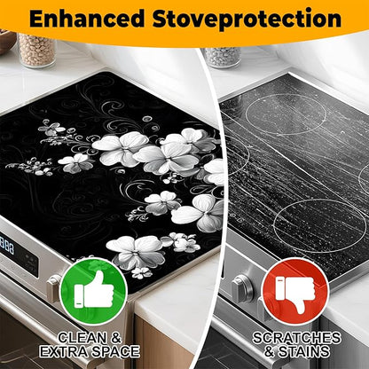 Stove Top Cover Retro Flower Gas Stove Top Cover for Home Decoration Kitchen Pad Non-Stick Washable Cooktop Covers Countertop Protector Keep Stove Clean 28"x20" (White flower-2)