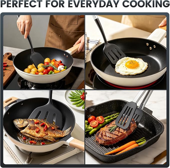 Silicone Spatula Set for Cooking BBQ with 12" Grill Tongs Large Turner-4Pcs | Wide Pancake Steak Burger Spatulas, Heat Resistant Scratch-Free Kitchen Griddle Utensils Barbecue Tools for Nonstick Cookware