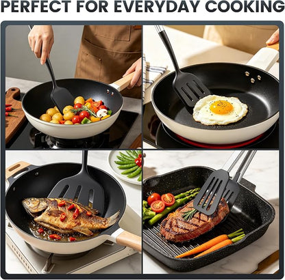 Silicone Spatula Set for Cooking BBQ with 12" Grill Tongs Large Turner-4Pcs | Wide Pancake Steak Burger Spatulas, Heat Resistant Scratch-Free Kitchen Griddle Utensils Barbecue Tools for Nonstick Cookware