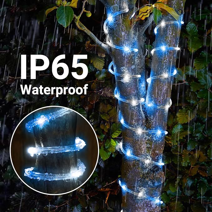 Solar Rope Lights, 2 Pack Total 66ft 200LED Solar String Lights, 8 Modes Waterproof Solar Outdoor Light, Flexible Clear Trampoline Light for Garden Yard Patio Deck Porch Pool Tree Decor - White & Blue