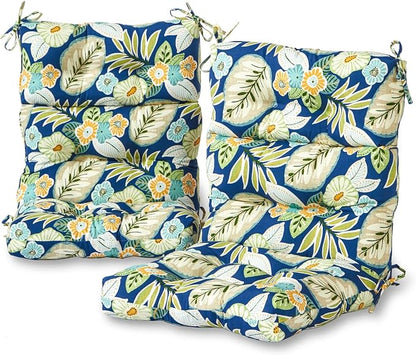Outdoor Tufted High-Back Chair Cushions, One-Piece Hinged Seat and Back Design, Reversible with 4 Ties, Durable Polyester Fabric, Recycled Fiber Fill - Set of 2, Marlow Blue Floral