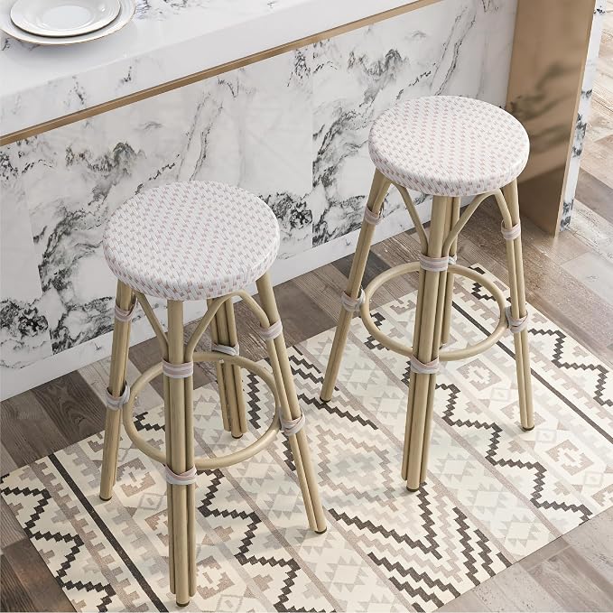 Seadrift Boho 30-inch Aluminum and All-Weather Wicker Barstools with Footrest, Patio Stools & Bar Chairs for Outdoor, Kitchen Counter, Poolside, Yard, Set of 2, White and Pink