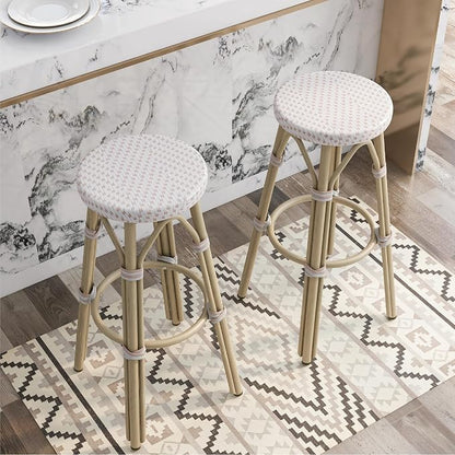 Seadrift Boho 30-inch Aluminum and All-Weather Wicker Barstools with Footrest, Patio Stools & Bar Chairs for Outdoor, Kitchen Counter, Poolside, Yard, Set of 2, White and Pink