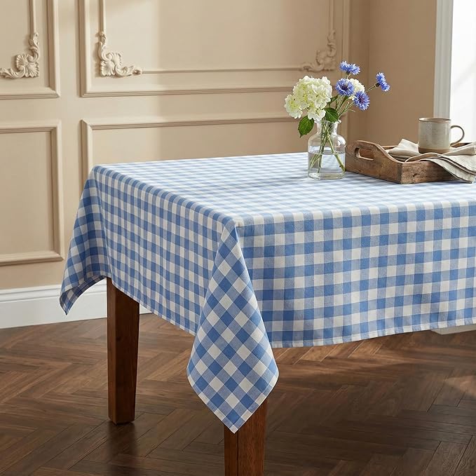 Waterproof Gingham Tablecloth, Checkered Fabric Table Cover for Kitchen Dining, Blue & White Plaid Table Cloth, Rectangle Table Cloth for Indoor Outdoor Use, W52 x L70 in