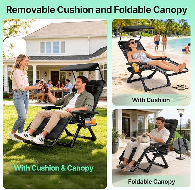 Suteck Zero Gravity Chair with Canopy, Reclining Camping Lounge Chairs | w/Removable Cushion, Upgraded Lock and Cup Holder, Reclining Patio Folding Recliner for Indoor and Outdoor