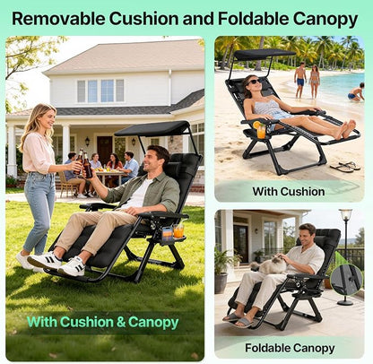 Suteck Zero Gravity Chair with Canopy, Reclining Camping Lounge Chairs | w/Removable Cushion, Upgraded Lock and Cup Holder, Reclining Patio Folding Recliner for Indoor and Outdoor