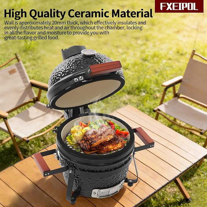 Ceramic BBQ Charcoal Grill, 13" Round Ceramic Barbecue Grill with Thermometer for Picnics, Camping (Black)