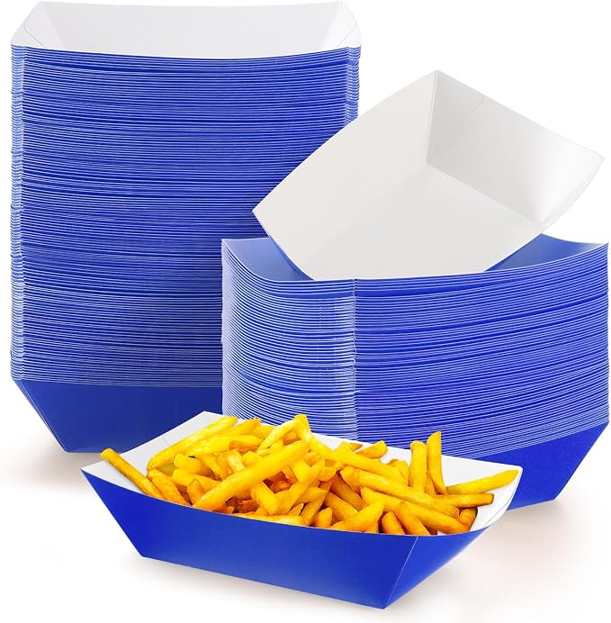 100 Pcs 2lb Paper Food Trays Boat Nacho Boats for Hot Dogs, Blue | Grease-Resistant, Disposable Kraft Paper Boat for Tacos Concession, Food Trucks, Birthday, Wedding, Christmas, Halloween