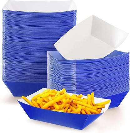 100 Pcs 2lb Paper Food Trays Boat Nacho Boats for Hot Dogs, Blue | Grease-Resistant, Disposable Kraft Paper Boat for Tacos Concession, Food Trucks, Birthday, Wedding, Christmas, Halloween