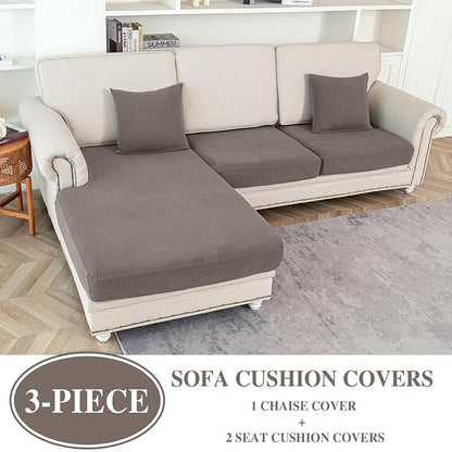 LA MEACK Couch Cushion Covers for Sectional Sofa L Shape Washable Separate Seat Chaise Couch Cover Stretch Sofa Slipcovers with 2 Pcs Pillowcases(2 Seater + 1 Chaise, Taupe)
