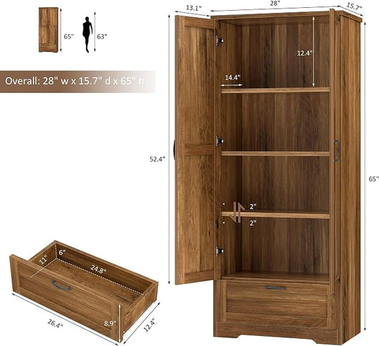 Shintenchi Kitchen Pantry Cabinet, Freestanding Farmhouse Storage Cabinet with 4 Shelves and 1 Drawer, Tall Cupboard for Kitchen, Living Room, Dining Room and Bathroom, Rustic Brown