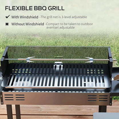 Charcoal BBQ Rotisserie Grill, 2-in-1 Split Roaster for Chicken & Turkey with 3-Level Adjustable Grate, Folding Side Shelves, Stainless Steel