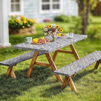 Picnic Table Cover with Bench Covers, Camping Essentials, Buffalo Plaid Waterproof Windproof Camping Tablecloth, Fitted Tablecloth Cover with Elastic Edge, for Garden & Outdoor, 3 PCS, 30x60 Inch