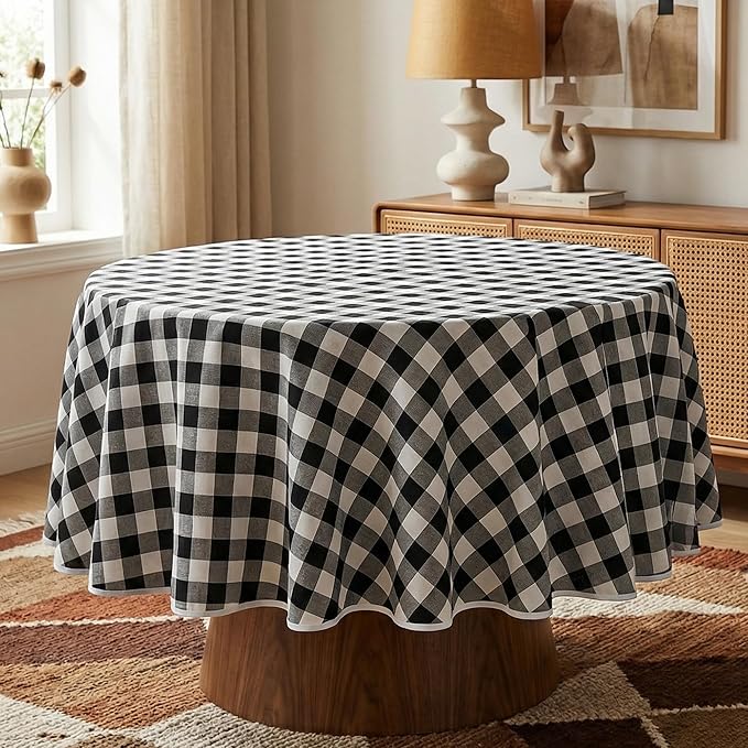 Waterproof Gingham Tablecloth, Checkered Fabric Table Cover for Kitchen Dining, Black & White Plaid Table Cloth, Rectangle Table Cloth for Indoor Outdoor Use, 60" Round