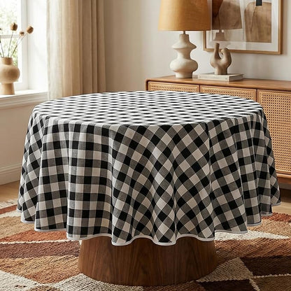 Waterproof Gingham Tablecloth, Checkered Fabric Table Cover for Kitchen Dining, Black & White Plaid Table Cloth, Rectangle Table Cloth for Indoor Outdoor Use, 60" Round