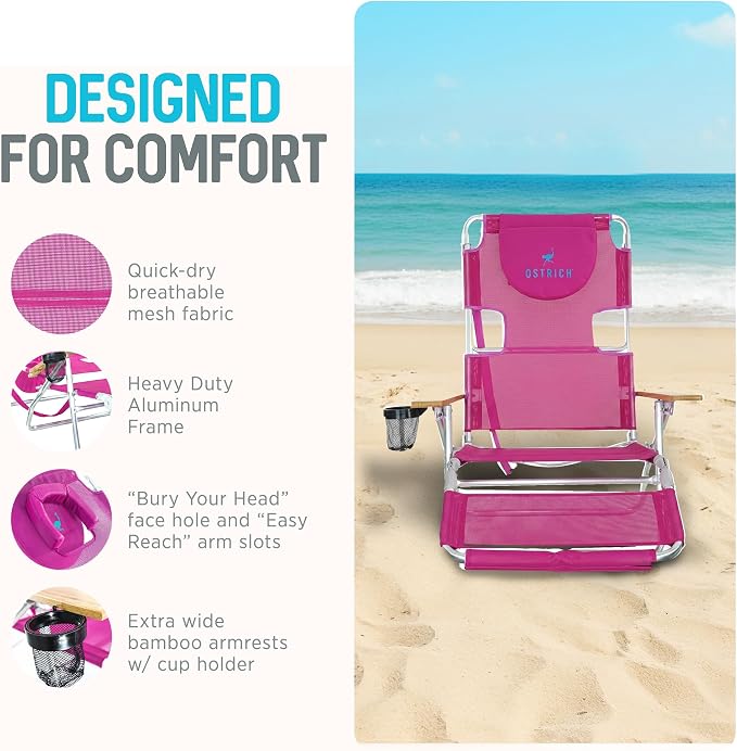 Ostrich the Original 3N1 Lightweight Beach Reclining Lounge Chair with Footrest, Outdoor Furniture for Patio, Balcony, Backyard, or Porch, Pink