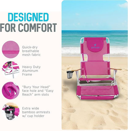 Ostrich the Original 3N1 Lightweight Beach Reclining Lounge Chair with Footrest, Outdoor Furniture for Patio, Balcony, Backyard, or Porch, Pink