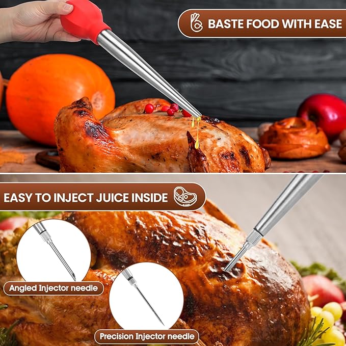 SCHVUBENR Large Turkey Baster Set - Stainless Steel Baster Tool for Cooking - Includes Basting Brush, Cleaning Brush & Injector Needles - Heavy Duty Baster Syringe - Flavor Meat Poultry, Beef - Orange