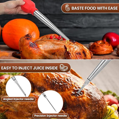 SCHVUBENR Large Turkey Baster Set - Stainless Steel Baster Tool for Cooking - Includes Basting Brush, Cleaning Brush & Injector Needles - Heavy Duty Baster Syringe - Flavor Meat Poultry, Beef - Orange