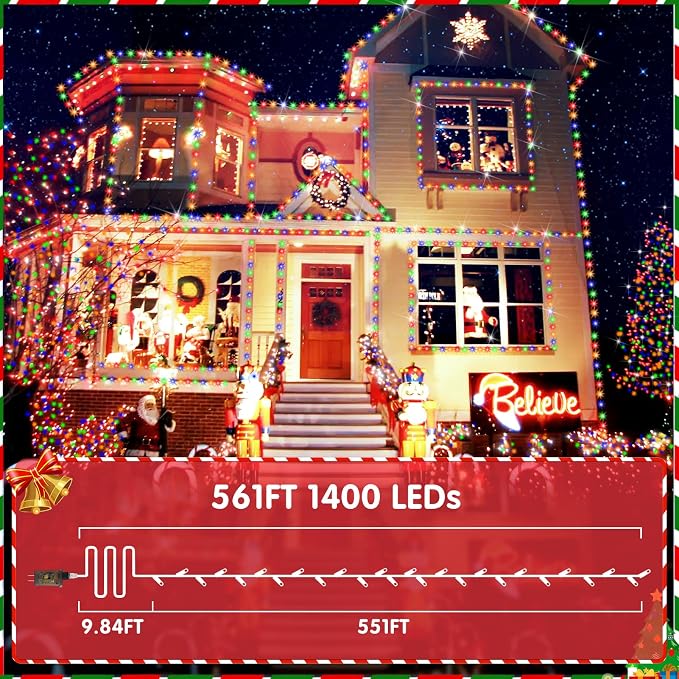 XURISEN 551FT 1400 LED Christmas Lights Outdoor Green Wire String Lights 8 Modes with Timer Memory Waterproof Fairy Lights Plug in for Xmas Tree Wedding Yard Party Holiday Decorations(Multicolor)