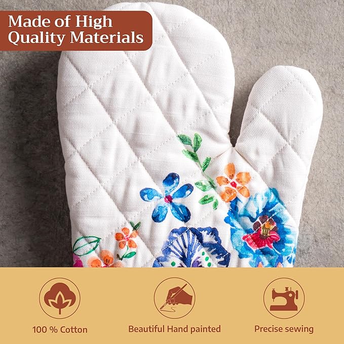 Maison d'Hermine Oven Gloves 100% Cotton Oven Mitt 7" x 13" with Loop Heat Resistant Cooking Gloves Baking Grilling Kitchen Hotel Home Farmhouse Spring Summer(Pack of 1, Happy Florals - High Summer)