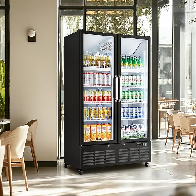 BODEGACOOLER Commercial Merchandiser Refrigerator, 27.02 Cu.Ft Double Glass Door Beverage Cooler, Upright Display Refrigerator with Soft LED Light, Adjustable Shelves, 4 Heavy-Duty Casters, Black