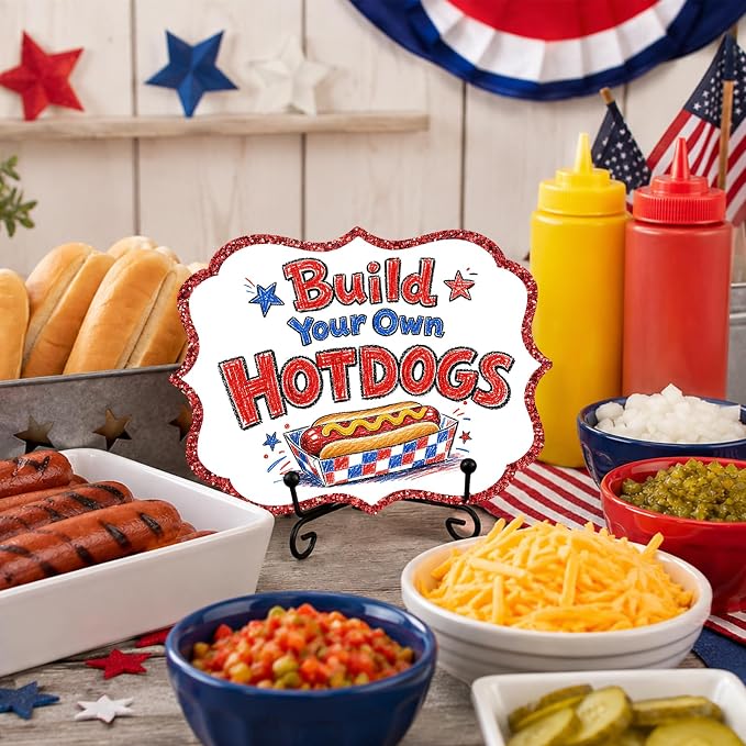 Wooden Patriotic Table Sign for Hot Dog Station, Fourth of July BBQ Buffet Decor with Metal Stand, 5 x 7 Inch Independence Day Food Display for Food Truck, Restaurant, Summer Party - A03