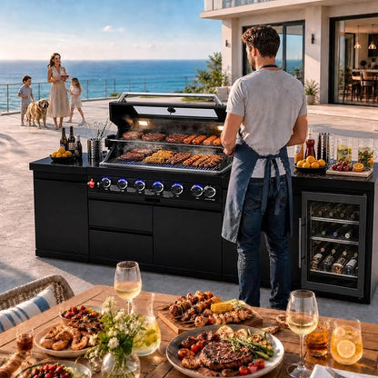 101" 6-Burner Modular Outdoor Kitchen Island, 85,000 BTU Propane Gas Grill | 6 Burners, Rear Infrared, Marble Countertop, Fridge, 360° Pull-Out Faucet, 304 Sink, Dual-Layer Warming Rack, Storage Cabinet