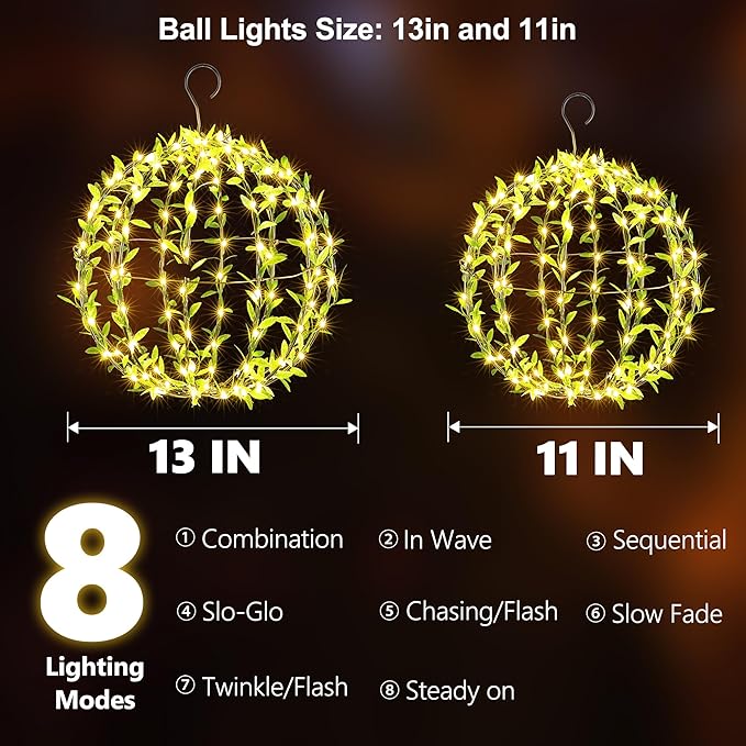 Joomer Solar Hanging Ball Lights Outdoor, 2-Pack 13in & 11in Total 264 LED Solar Globe Lights, 8 Modes Waterproof Metal Sphere Lights with Hooks for Patio Garden Decor - Warm White