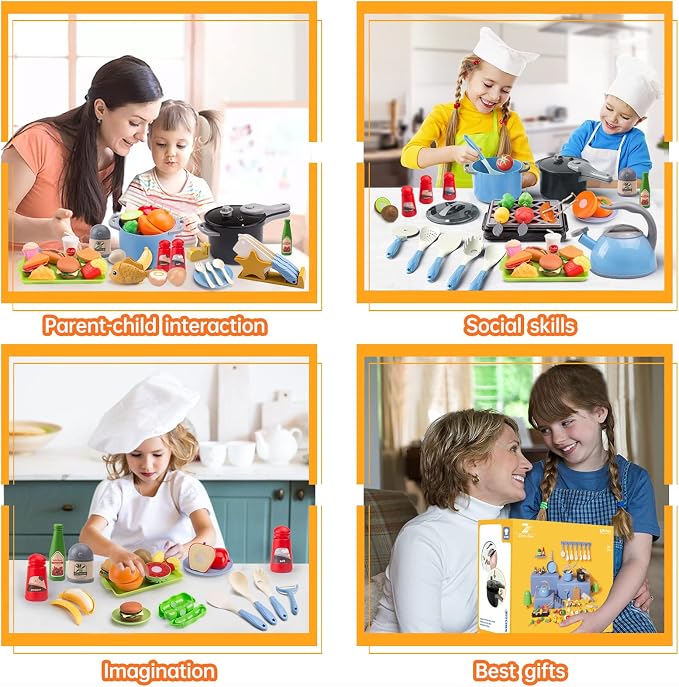 105Pcs Kids Kitchen Toy Accessories, Toddler Pretend BBQ Camping Cooking Playset, Play Pots, Pans, Utensils Cookware Toys, Play Food Set, Vegetables, Learning Gift for Girls Boys