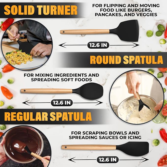 14 Pcs Black Kitchen Utensils Set with Holder for Nonstick Cookware | Silicone Cooking Utensils Set for BBQ; Heat-Resistant Tools with Wooden Handles for Baking, Serving, Frying, and Mixing