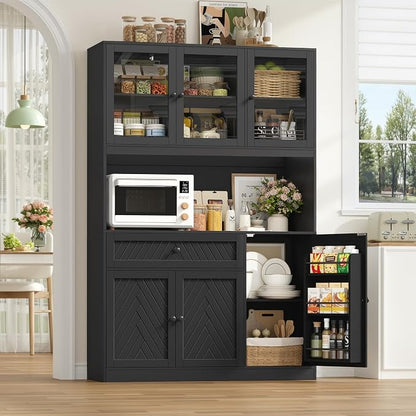 BOTLOG 72” Tall Kitchen Pantry Storage Cabinet, Modern White Kitchen Hutch with Large Storage Drawer, Countertop, Adjustable Shelves, Food Pantry Cabinets for Dining Room, Living Room (Black) | Kitchen Hutch with Large Storage Drawer, Countertop, Adjus...