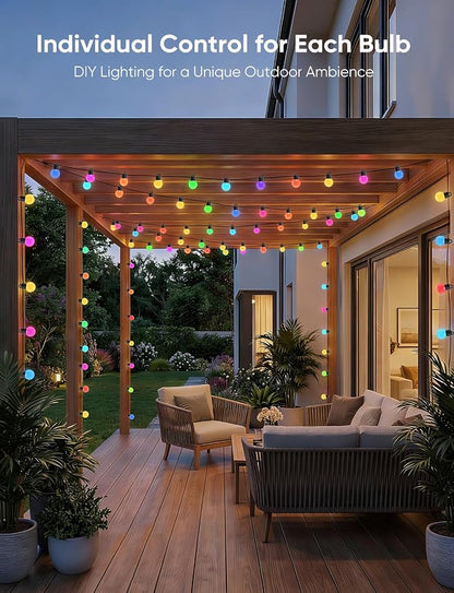 Smart Outdoor String Lights 150ft, RGBW Patio Light with 75 LED Bulb | IP65 Waterproof, 111 Scene Modes, Dimmable Warm White, Individual Control, Music Sync, Compatible with Alexa & Google