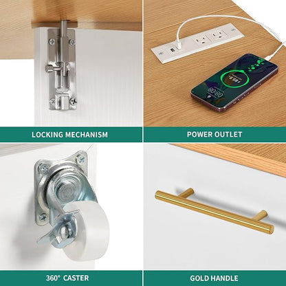 YITAHOME Folding Kitchen Table with Power Outlet, Drop Leaf Kitchen Table Islands for 2 on Wheels, Convertible Trash Can Storage Cabinet for 10 Gallon Garbage Bin, Adjustable Storage Racks, Wihte Oak