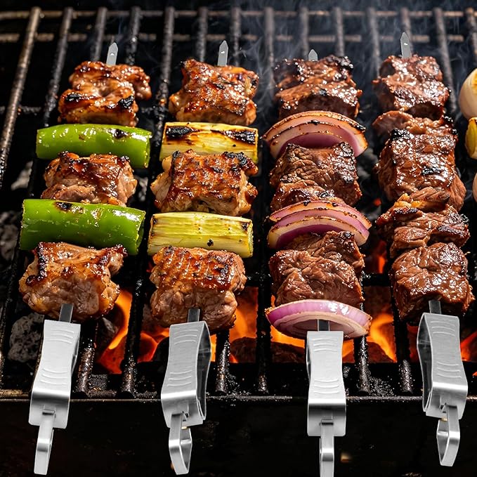 BBQ Skewers for Grilling - 16" Flat Stainless Steel Shish Kabob Skewers with Push Bar Slider - Reusable Metal Kebab Sticks for Meat, Chicken, Shrimp & Vegetables, Set of 6