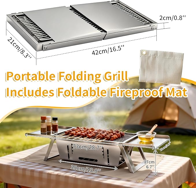 Small Portable Charcoal BBQ Grill, Made of Stainless Steel,Foldable and 2-Second Setup, Includes Fireproof Mat and Gloves, Mini Barbecue Hibachi Grill for 3-4 People Camping,Hiking and Picnic