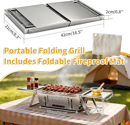 Small Portable Charcoal BBQ Grill, Made of Stainless Steel,Foldable and 2-Second Setup, Includes Fireproof Mat and Gloves, Mini Barbecue Hibachi Grill for 3-4 People Camping,Hiking and Picnic