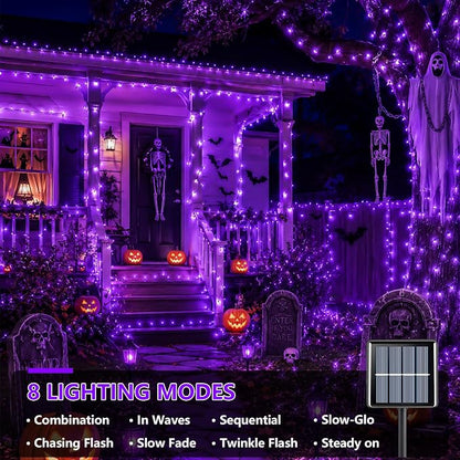 YEGUO 2 Pack Purple Solar Halloween Lights, Each 33ft 100 LED Solar String Lights Outdoor Waterproof, 8 Modes Solar Christmas Lights Outdoor for Bedroom Patio Garden Halloween Party Decor