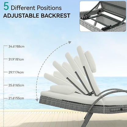 YITAHOME Wicker Chaise Lounge Outdoor, Rattan Pool Lounge Chair Reclining Chaise Lounge Set of 4 w/Pull-Out Desktop, 5-Position Backrest, Headrest & Cushion, Armrests for Poolside, Beach(Beige)