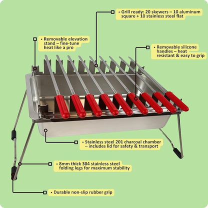 Charcoal Kabob Grill with Spin Grill Attachment by 𝗡𝗼𝗿𝘁𝗵 𝗚𝗿𝗶𝗹𝗹𝘀: precise heat control, silicone-handle square & flat skewers, charcoal starter tool, tongs, BBQ gloves, and storage & travel