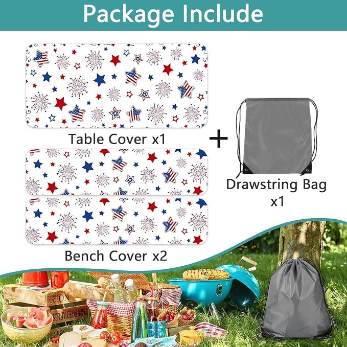 Picnic Table Cover with Bench Covers and Carrying Bag, Red and Blue Stars Fitted Table Cover, Outdoor Patio Camping Essentials, Waterproof Camping Fitted Tablecloth with Drawstring Bag, 30X60inch