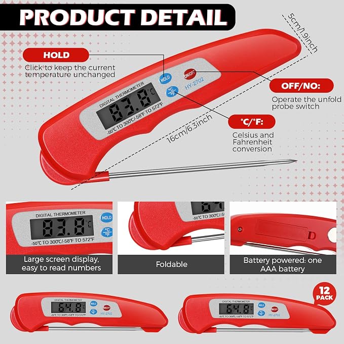 Xuhal 12 Pcs Digital Meat Thermometer with Probe Waterproof Instant Read Foldable Food Thermometer with Magnet for Kitchen Grilling Cooking Turkey Baking BBQ(Red)