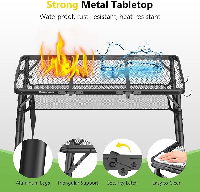 Raynesys Portable Folding Grill Table for Outside for Picnic, Camping | 3 Height Adjustable Small Camping Table with Mesh Bag, Metal Aluminum Folding Table, 35.43x15.75 inches, Black