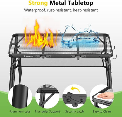 Raynesys Portable Folding Grill Table for Outside for Picnic, Camping | 3 Height Adjustable Small Camping Table with Mesh Bag, Metal Aluminum Folding Table, 35.43x15.75 inches, Black