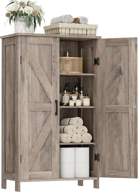 Homleke Farmhouse Bathroom Cabinet with Adjustable Shelves, Free-Standing Storage Cabinet with Barn Doors, for Kitchen, Living Room, Dining Room, Entryway, Greige