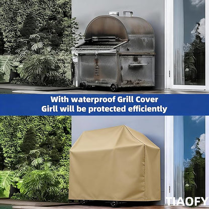 BBQ Gas Grill Cover for Outdoor, Anti-UV, Rip-Proof, 600D Oxford Fade Resistant Material, Barbecue Cover with Hook and Loop Straps & Adjustable Hem Drawstring (Beige, 32”x26”x43”)