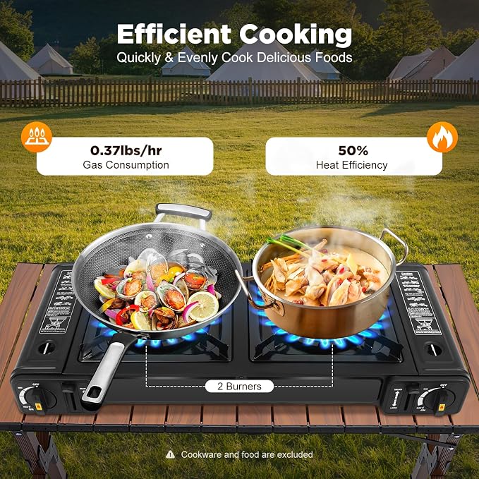 2-Burner Butane Stove, Portable Camping Stove, Automatic Ignition, Outdoor Travel Camp Stove with Carry Case & Push-Button for Camping Tailgating and Outdoor Cooking