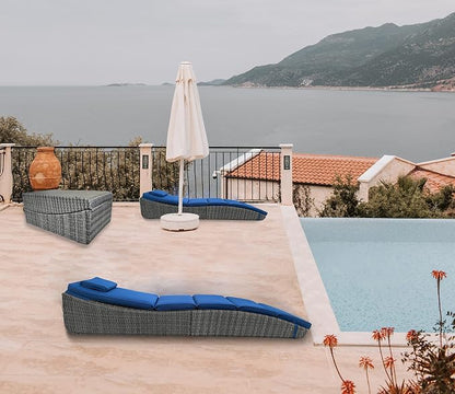 BTEXPERT Outdoor Chaise Lounges Pool Cushioned Chair Wicker Patio Rattan Poolside Folding Space Saving Sun Lounger Adjustable Backrest Couch Reclining Fully Assembled Blue One Piece