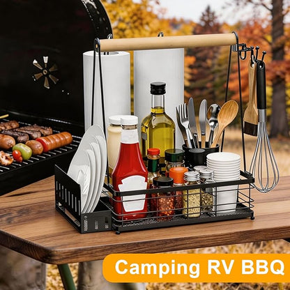 Grill Caddy, BBQ for Outdoor Grill with 2 Paper Towel Holders, Picnic BBQ Condiment Utensil Organizer Caddy for Outdoor Cooking, Rv, Camping Essential, Camper Must Haves,Gifts for Men
