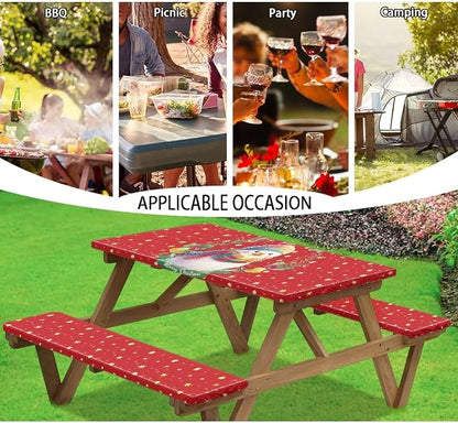 Camping Tablecloth with Elastic Band for Camping Party Supplies Christmas Snowman Picnic Table Cover with Bench Covers 3 PCS